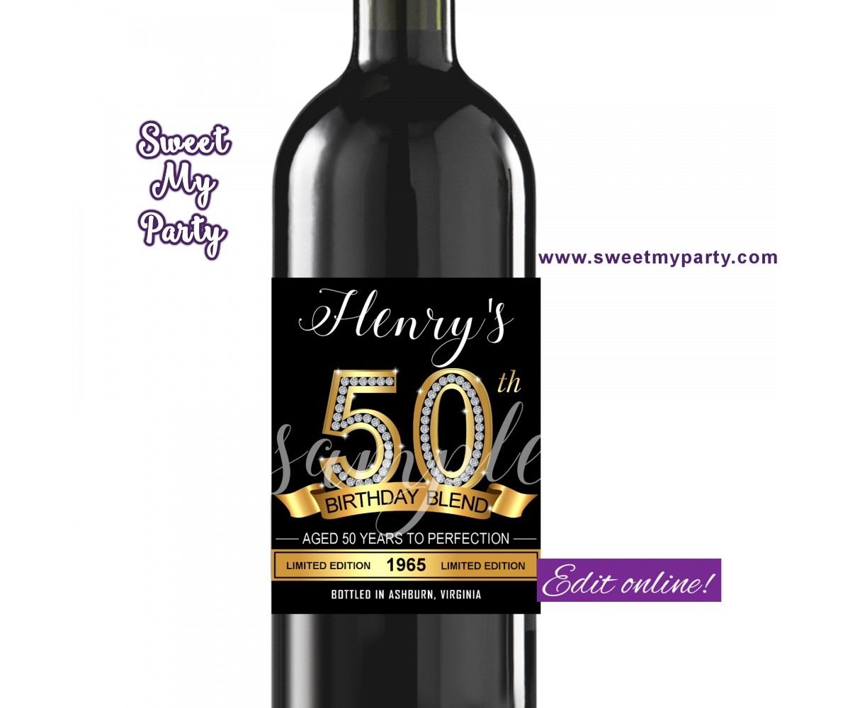 50th Birthday wine labels,50th Gold Diamonds birthday party wine labels,(1a)